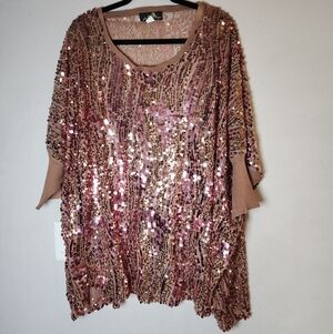 Joan Boyce Pink Sequin Mesh Dolman Batwing Top Size 2X Oversized